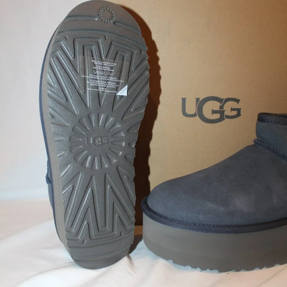 NIB UGG WOMEN'S ULTRA MINI PLATFORM‎ SUEDE SHEARLING LINED ANKLE BOOTS NAVY BLUE